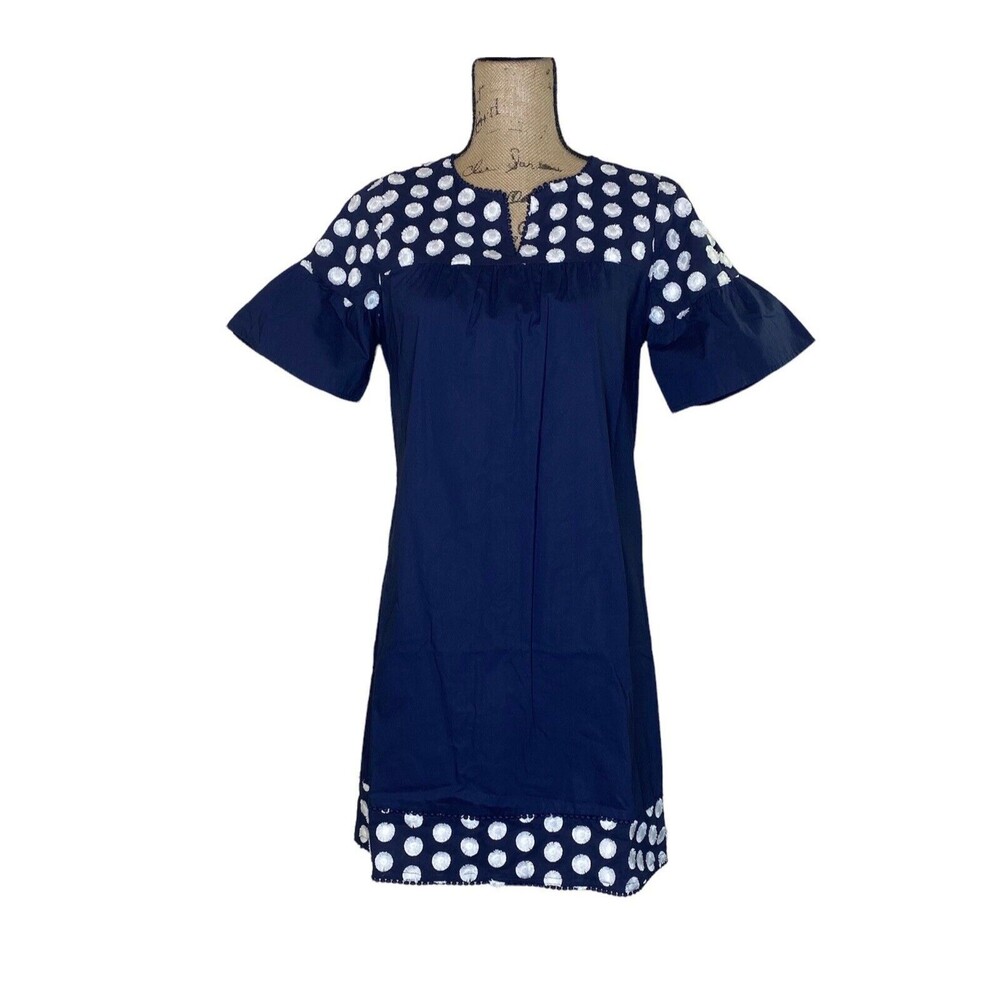 J Crew Dress‎ Womens Sz 0 Embroidered Dots Bell Sleeve Pom Pom Beachy Cruise